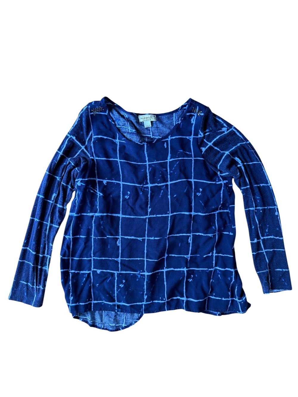 One World Boho Festival Y2K Artsy Top Indie Blue Rhinestone Cross Back Blouse